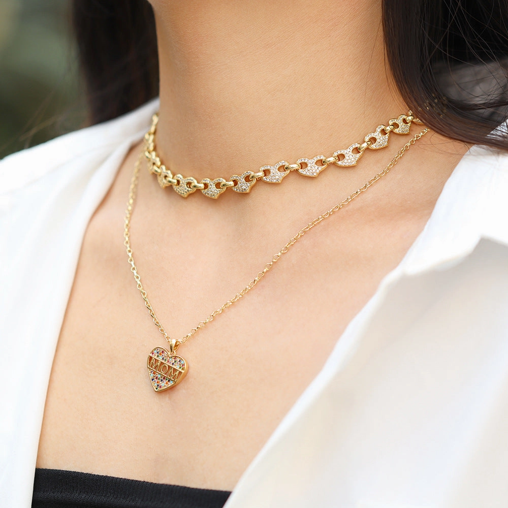 Wholesale Copper Mother's Day Gift Letter MOM Inlaid Color Diamond Love Necklace