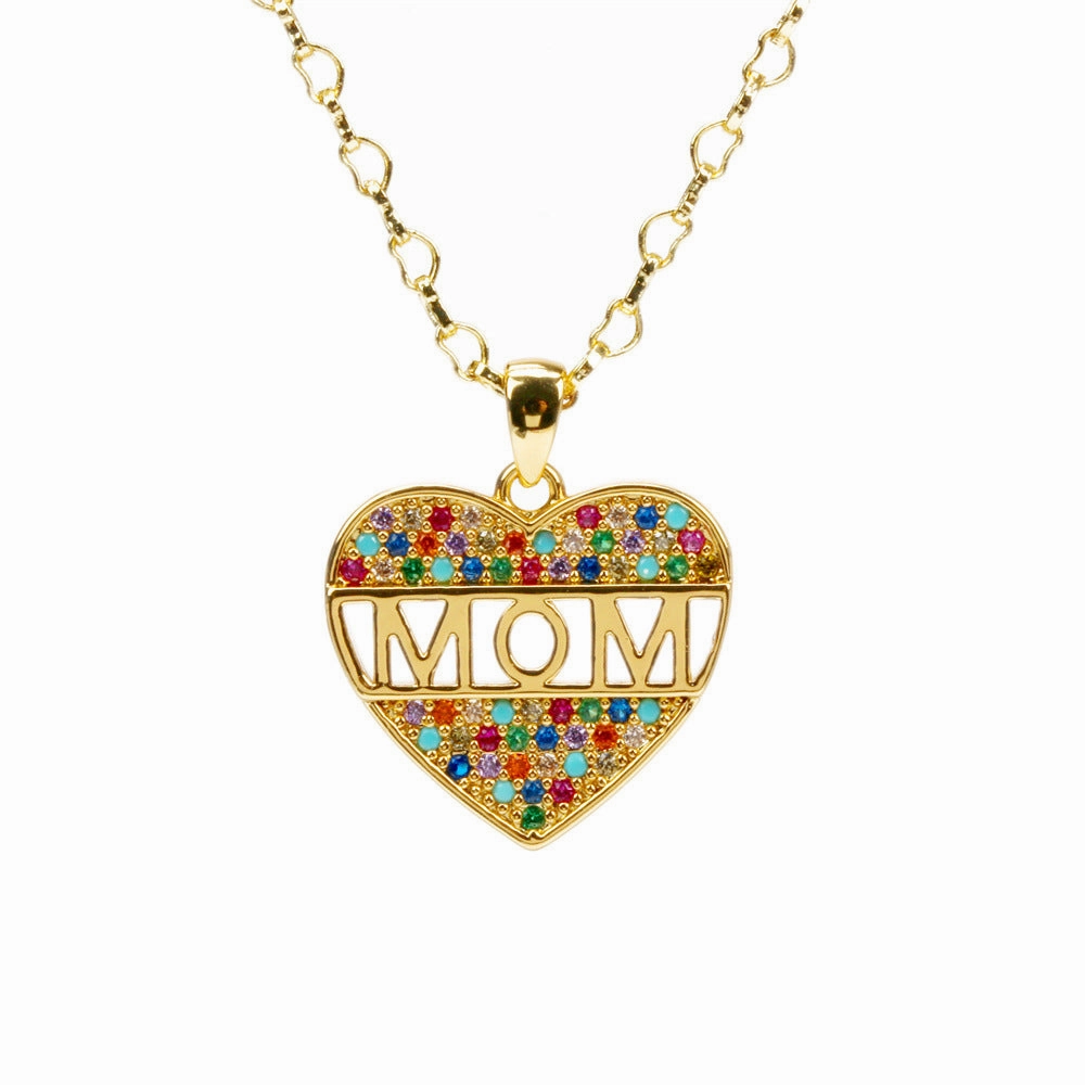 Wholesale Copper Mother's Day Gift Letter MOM Inlaid Color Diamond Love Necklace