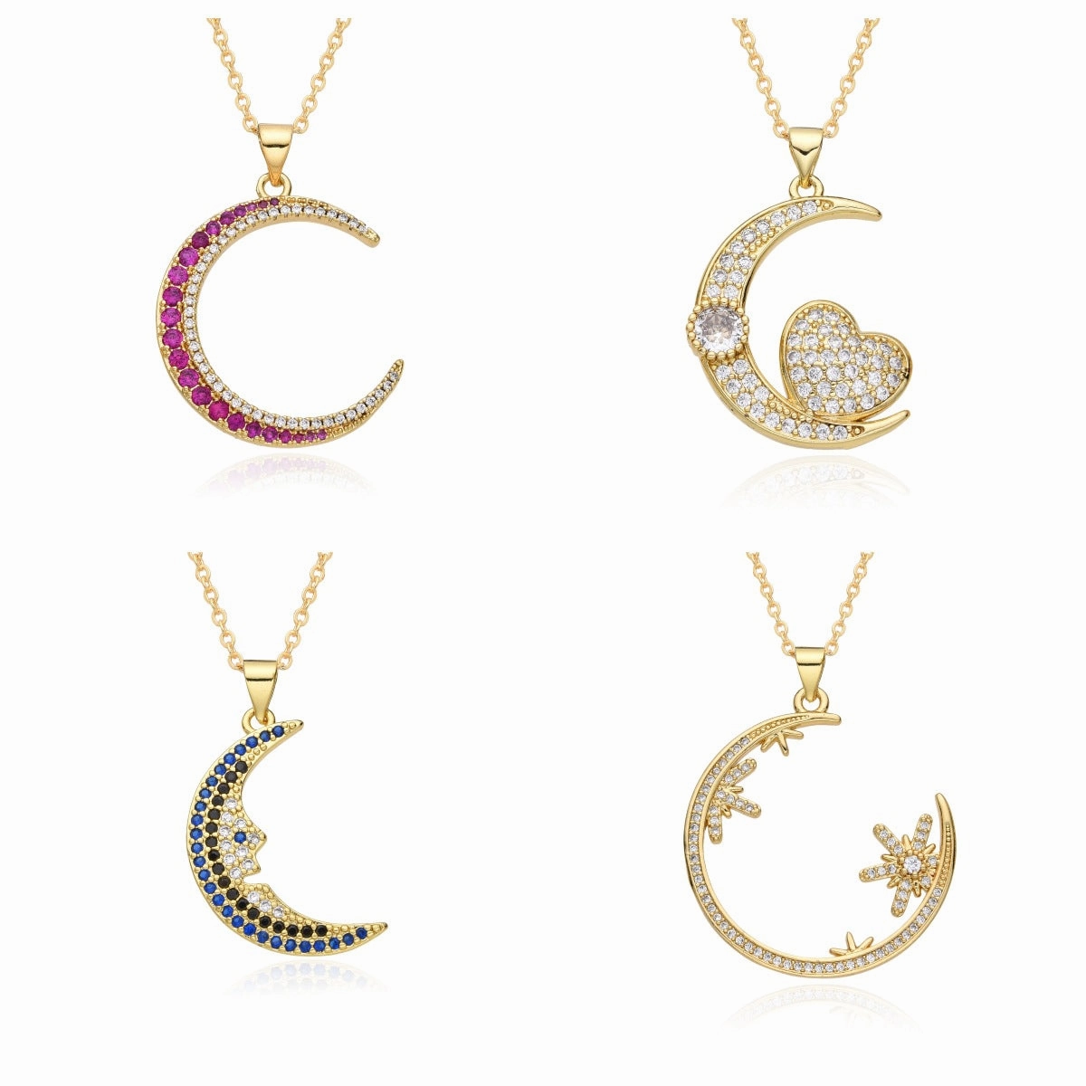 Wholesale Copper Plated 18K Gold Colored Zircon Moon Love Necklace