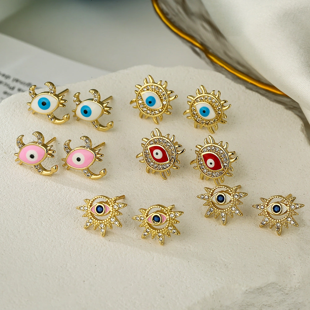 Wholesale Copper Plated 18K Gold Zircon Drops Oil Devil Eye Geometric Earrings