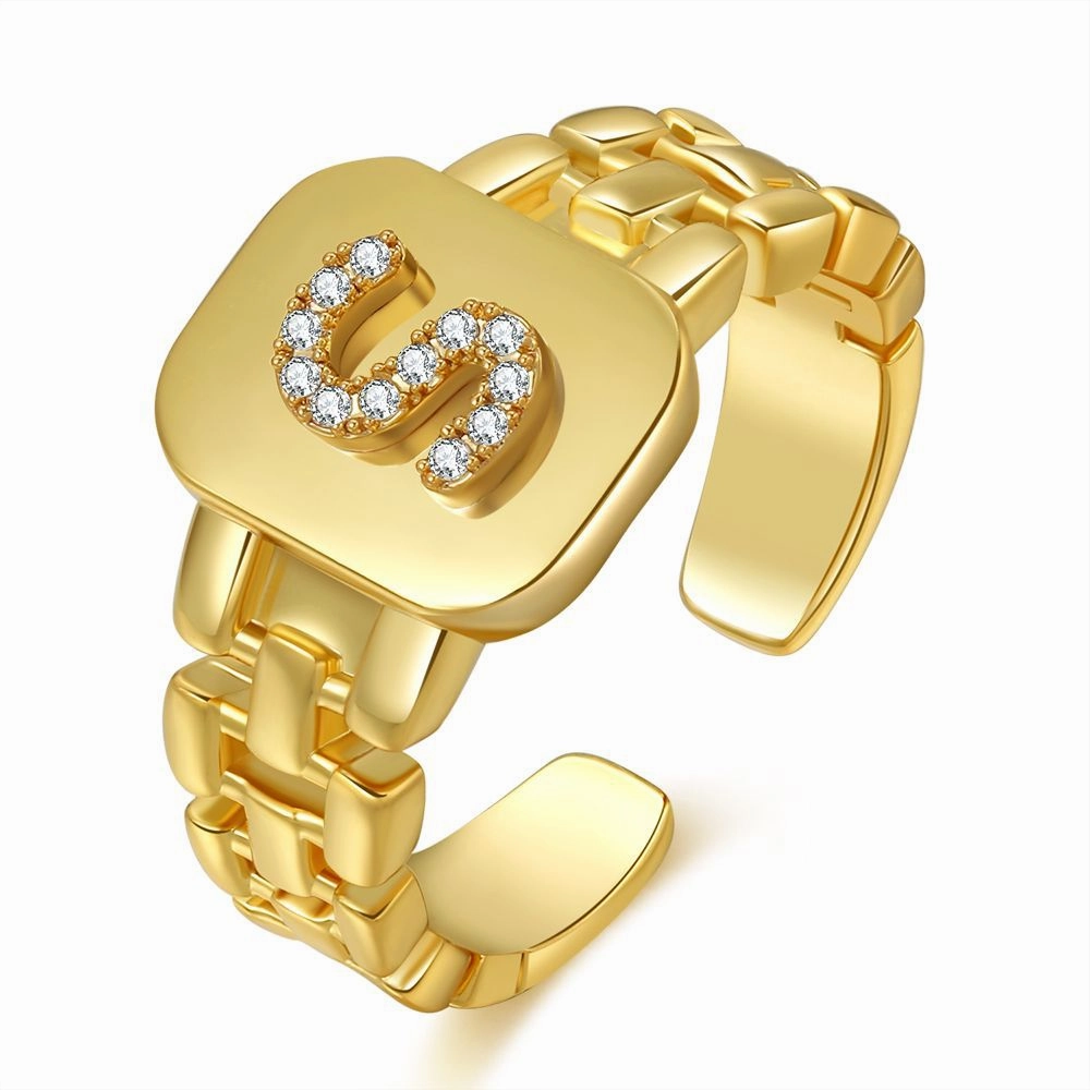 Wholesale Copper Plated Gold Band Design Letter Opening Ring