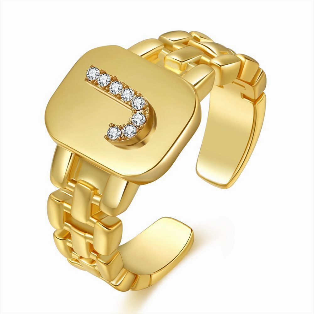 Wholesale Copper Plated Gold Band Design Letter Opening Ring