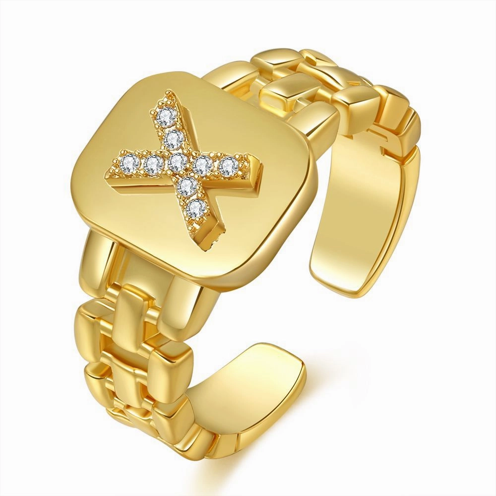 Wholesale Copper Plated Gold Band Design Letter Opening Ring
