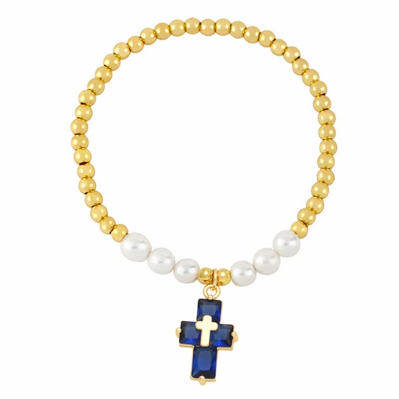 Wholesale Copper Plated Real Gold Cross Pendant Beaded Bracelet