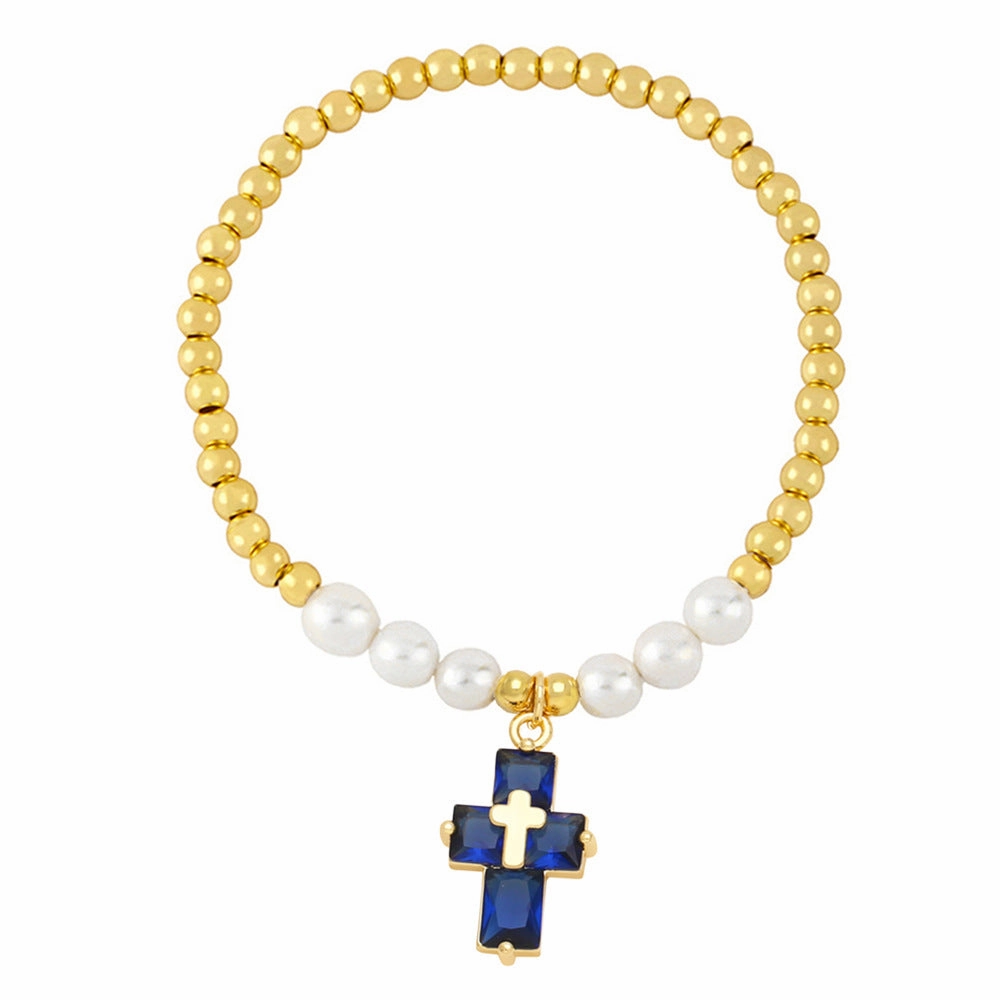 Wholesale Copper Plated Real Gold Cross Pendant Beaded Bracelet