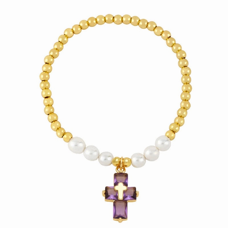 Wholesale Copper Plated Real Gold Cross Pendant Beaded Bracelet