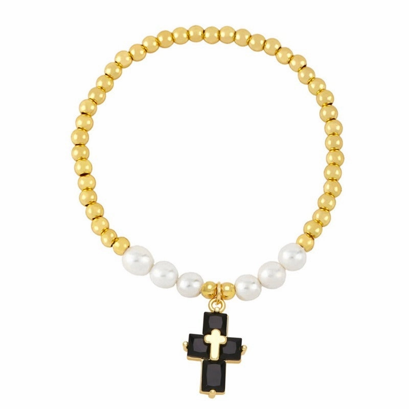 Wholesale Copper Plated Real Gold Cross Pendant Beaded Bracelet
