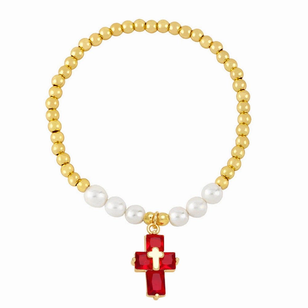 Wholesale Copper Plated Real Gold Cross Pendant Beaded Bracelet