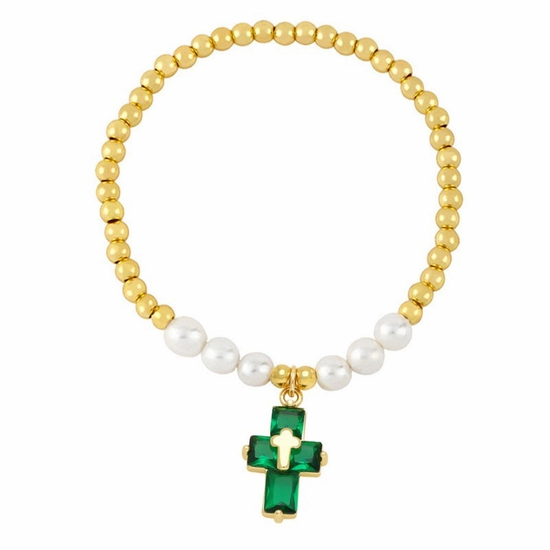 Wholesale Copper Plated Real Gold Cross Pendant Beaded Bracelet