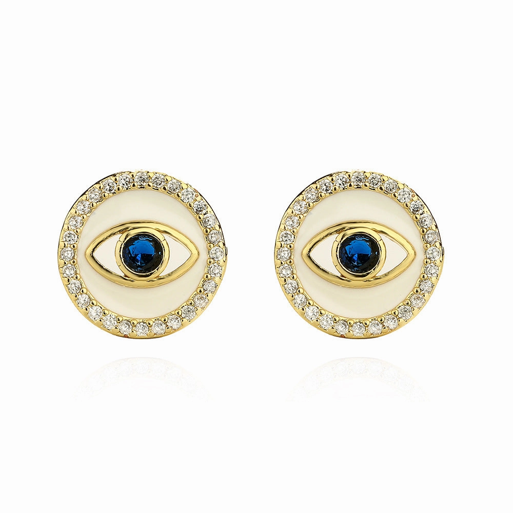 Wholesale Copper Plated Real Gold Zircon Oil Drip Demon Eye Geometric Earrings