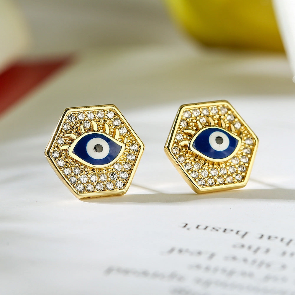 Wholesale Copper Plated Real Gold Zircon Oil Drip Demon Eye Geometric Earrings