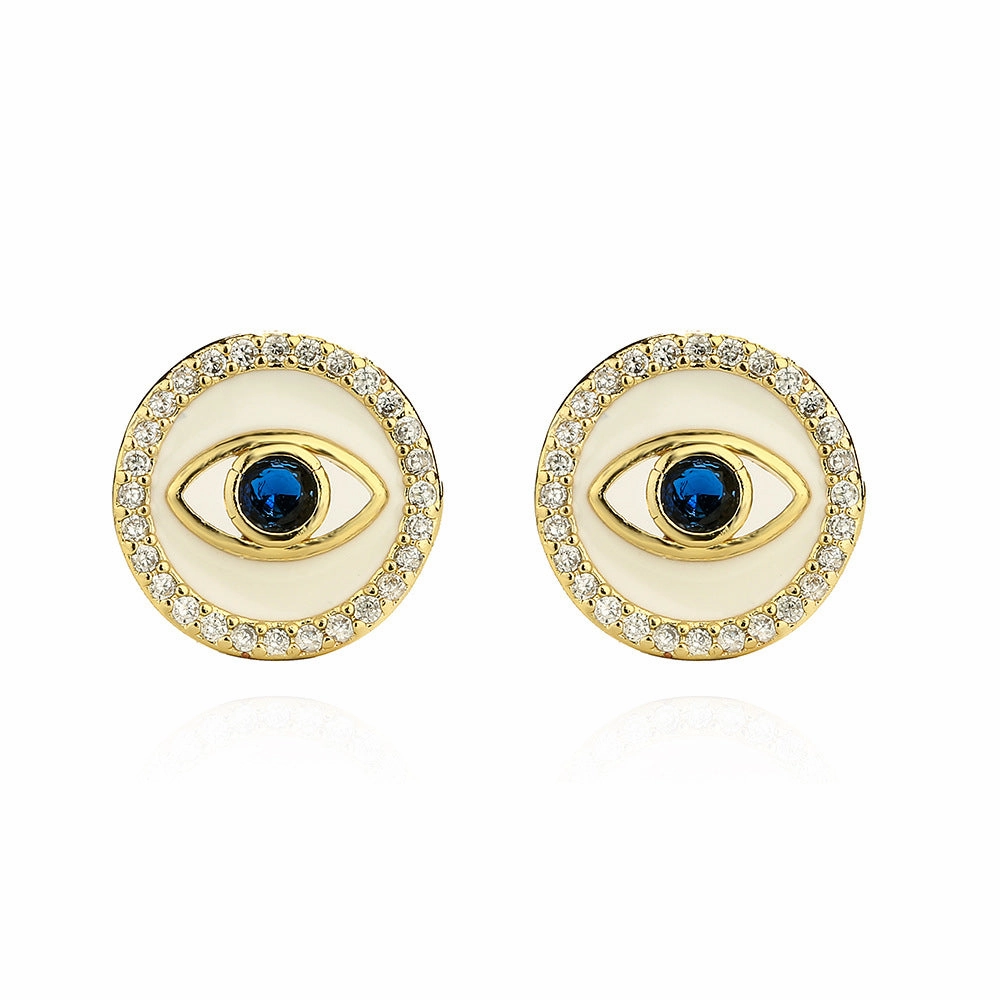 Wholesale Copper Plated Real Gold Zircon Oil Drip Demon Eye Geometric Earrings