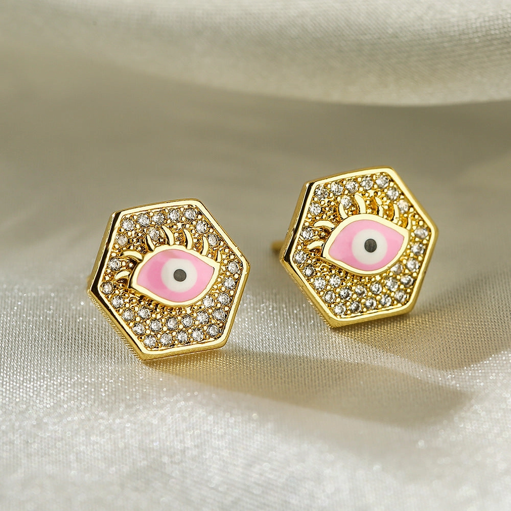 Wholesale Copper Plated Real Gold Zircon Oil Drip Demon Eye Geometric Earrings