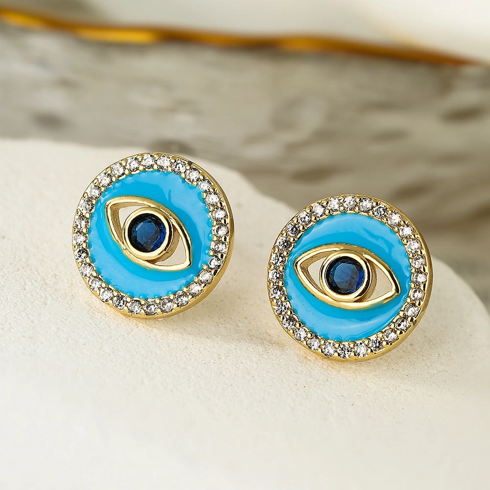 Wholesale Copper Plated Real Gold Zircon Oil Drip Demon Eye Geometric Earrings