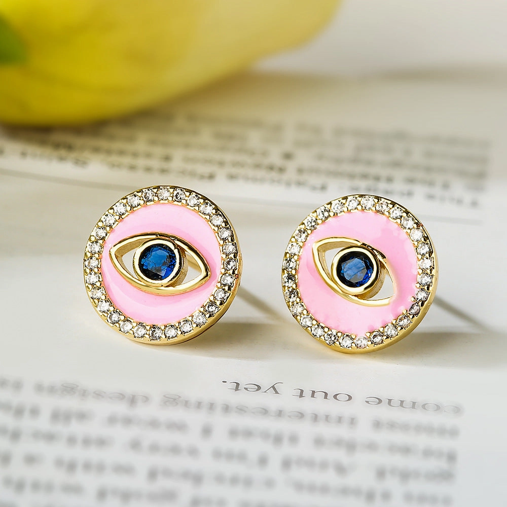 Wholesale Copper Plated Real Gold Zircon Oil Drip Demon Eye Geometric Earrings