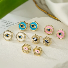 Wholesale Copper Plated Real Gold Zircon Oil Drip Demon Eye Geometric Earrings