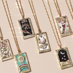 Wholesale Copper Plating Real Gold Retro Tarot Card Necklace with Diamond Square