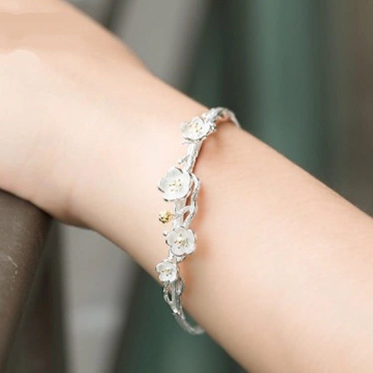 Wholesale Copper Silver Plated Plum Blossom Open Cherry Blossom Bracelets