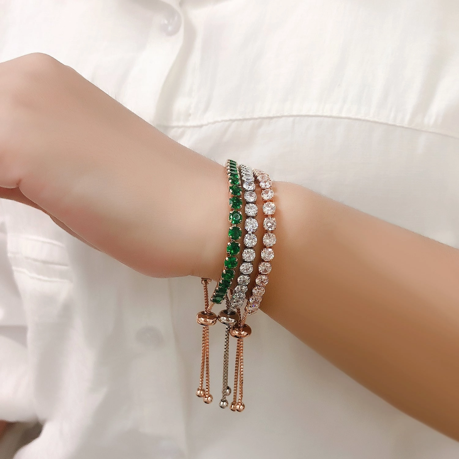 Wholesale Copper Single Row Full Diamond Adjustable Bracelet