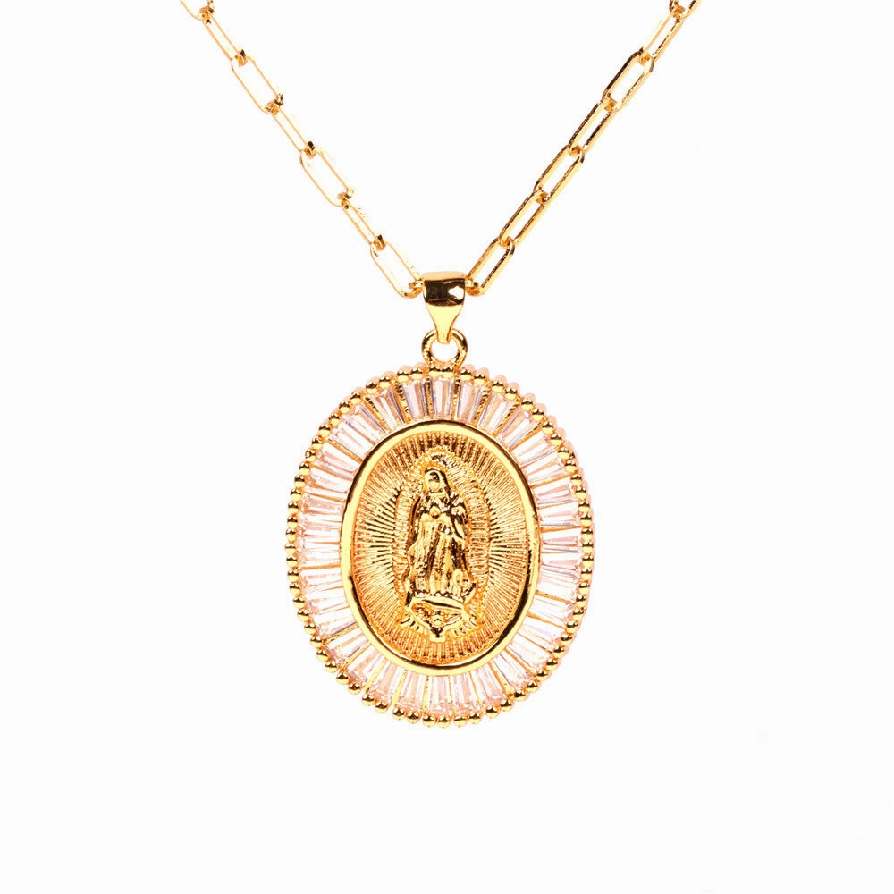 Wholesale Copper Thick Chain Round Card Diamond Creative Necklace