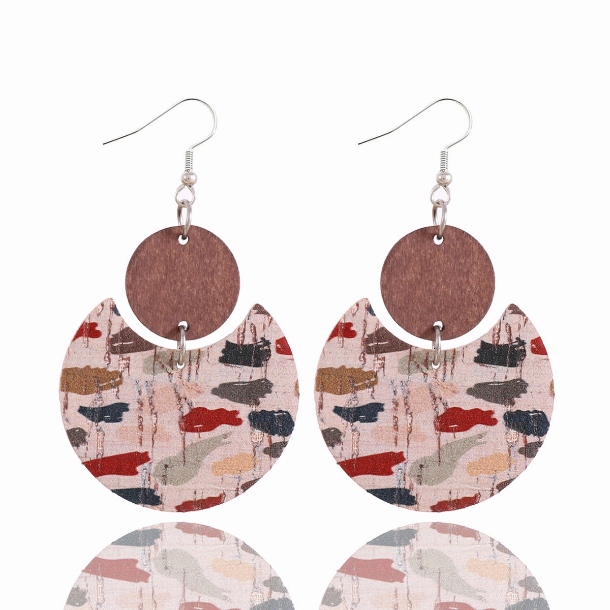 Wholesale Cork Leather Pattern Western Wood Block Crescent Earrings