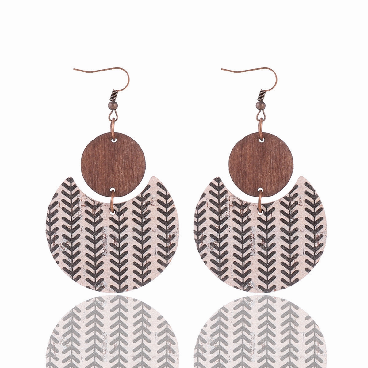 Wholesale Cork Leather Pattern Western Wood Block Crescent Earrings