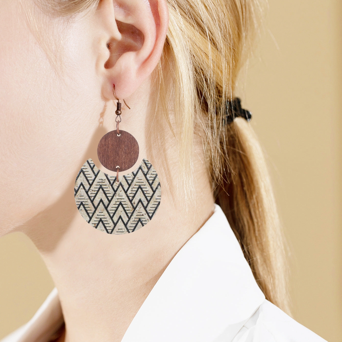 Wholesale Cork Leather Pattern Western Wood Block Crescent Earrings