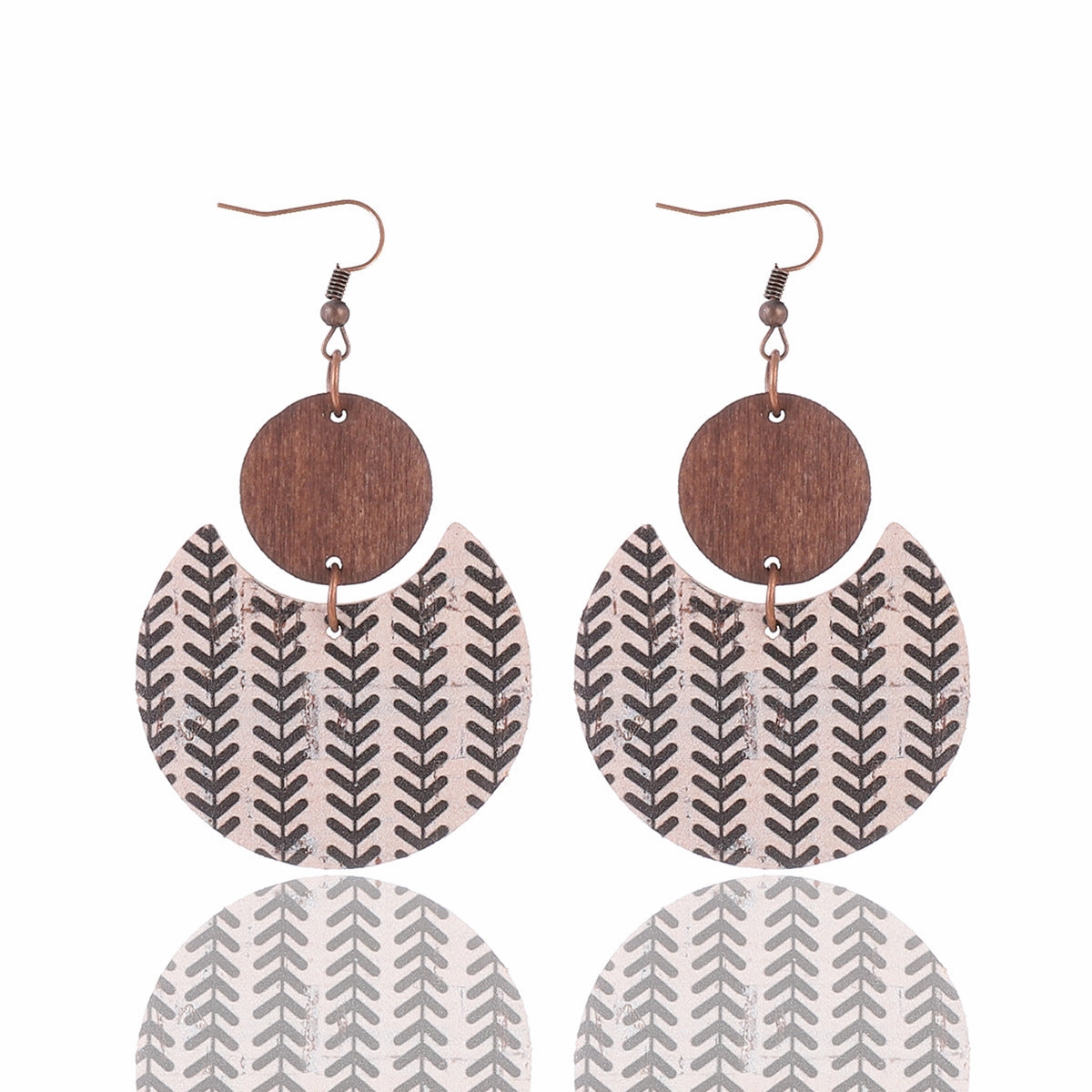 Wholesale Cork Leather Pattern Western Wood Block Crescent Earrings