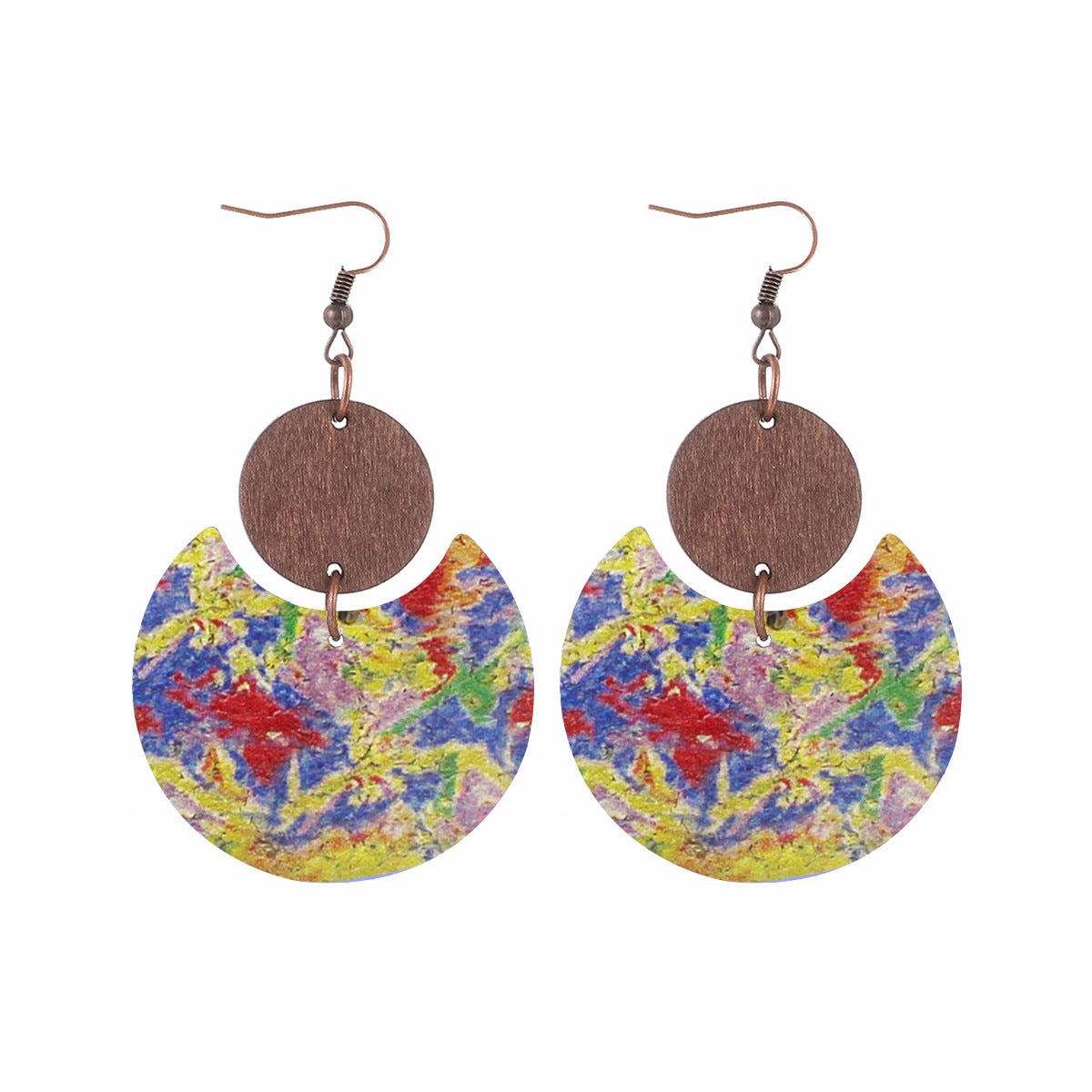 Wholesale Cork Leather Pattern Western Wood Block Crescent Earrings