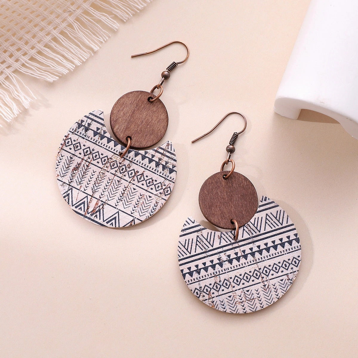 Wholesale Cork Leather Pattern Western Wood Block Crescent Earrings