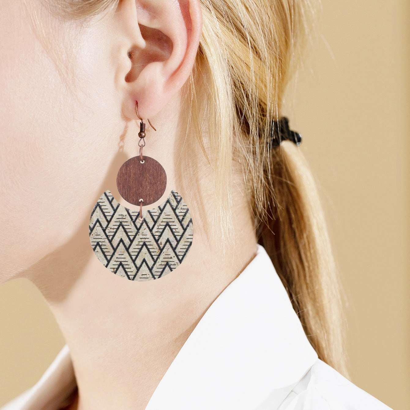 Wholesale Cork Leather Pattern Western Wood Block Crescent Earrings