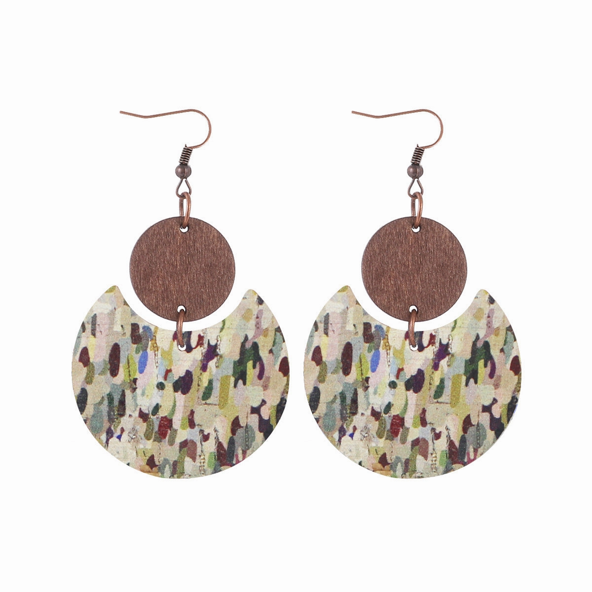 Wholesale Cork Leather Pattern Western Wood Block Crescent Earrings