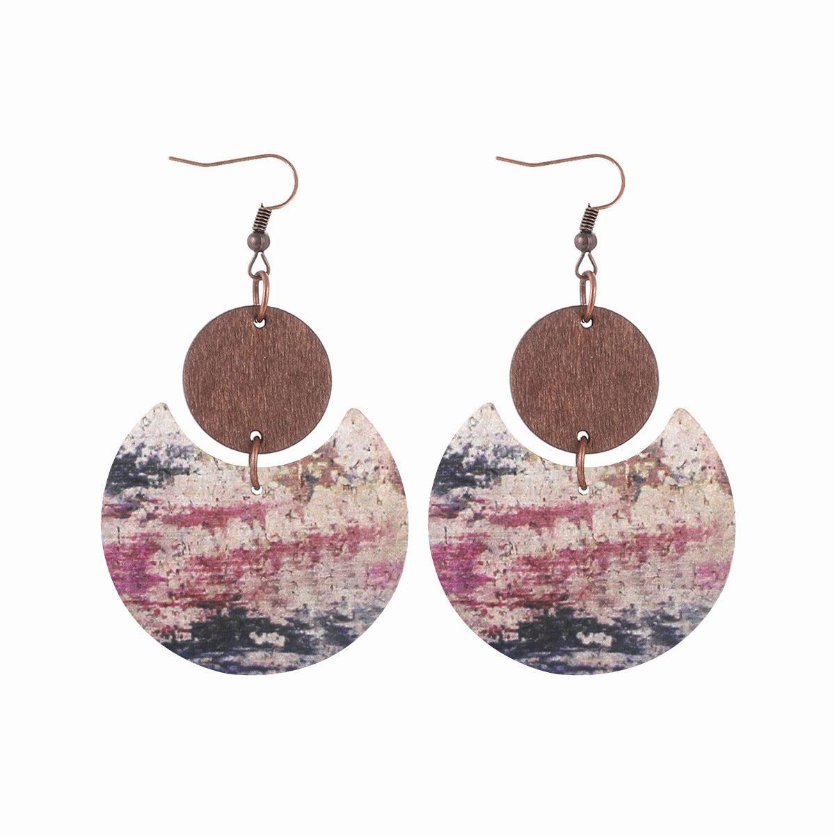 Wholesale Cork Leather Pattern Western Wood Block Crescent Earrings