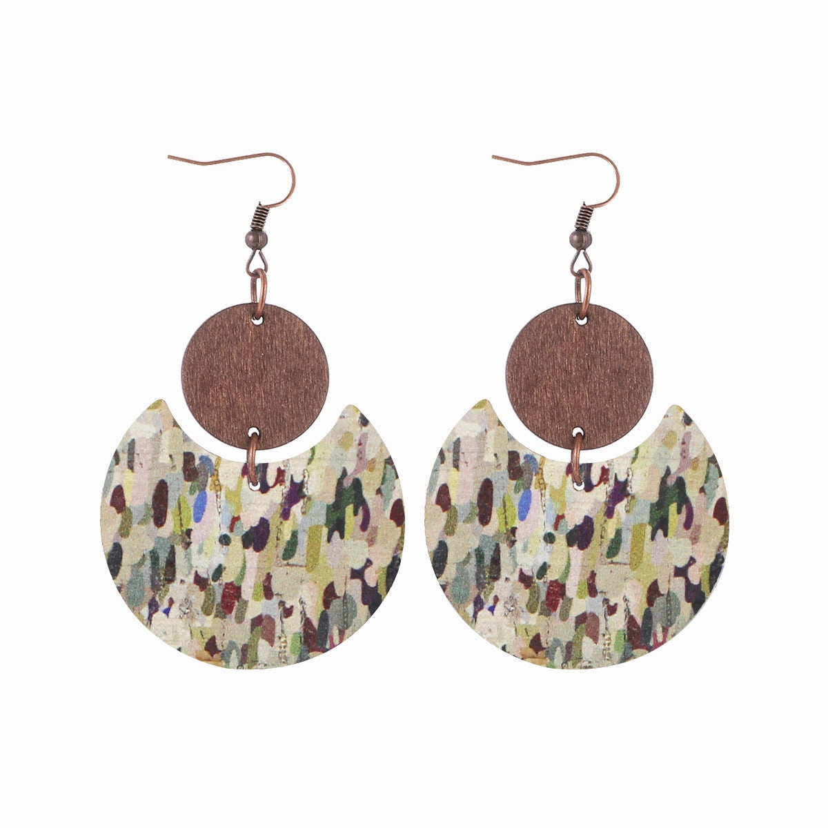 Wholesale Cork Leather Pattern Western Wood Block Crescent Earrings