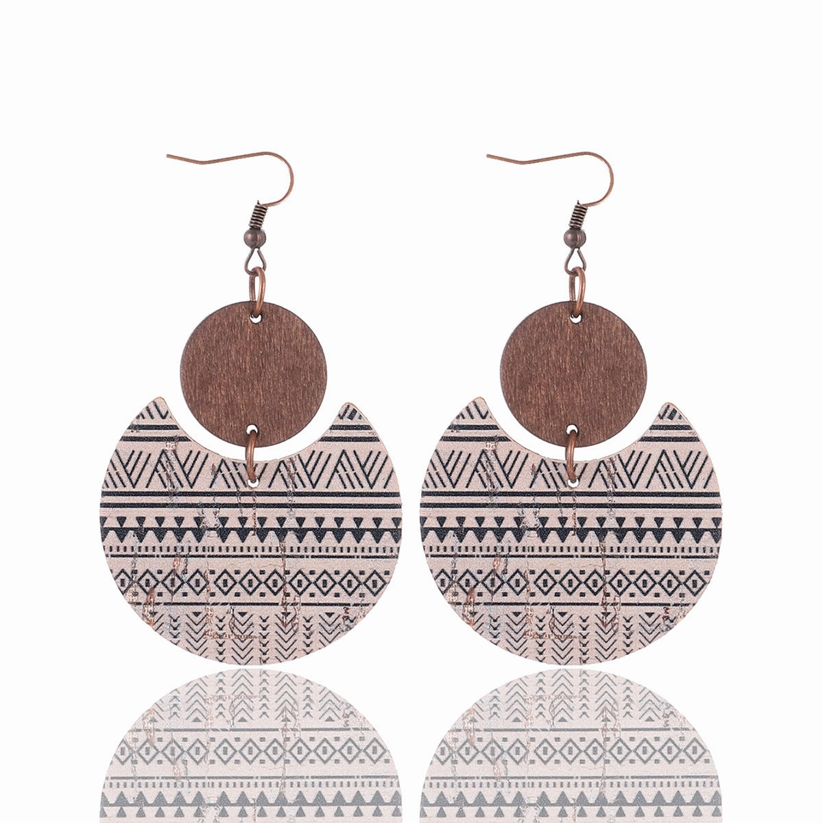 Wholesale Cork Leather Pattern Western Wood Block Crescent Earrings