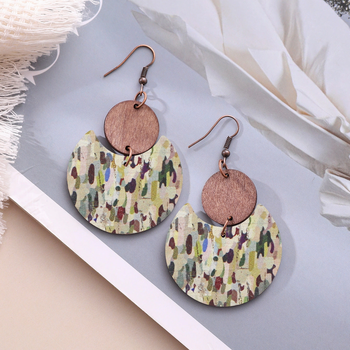 Wholesale Cork Leather Pattern Western Wood Block Crescent Earrings