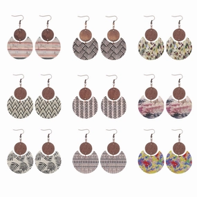 Wholesale Cork Leather Pattern Western Wood Block Crescent Earrings