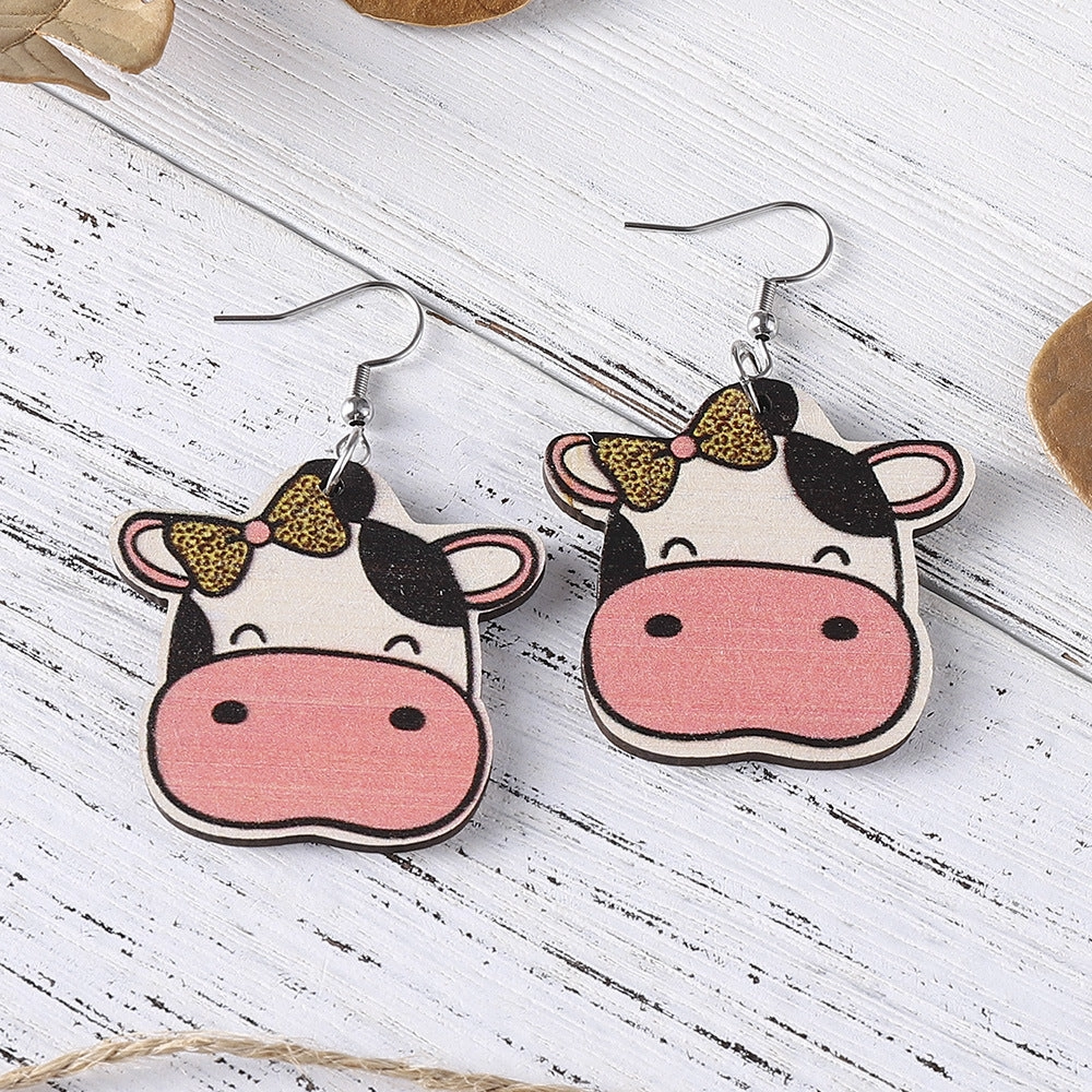 Wholesale Cow MOM Cow Pattern Double Sided Wooden Earrings