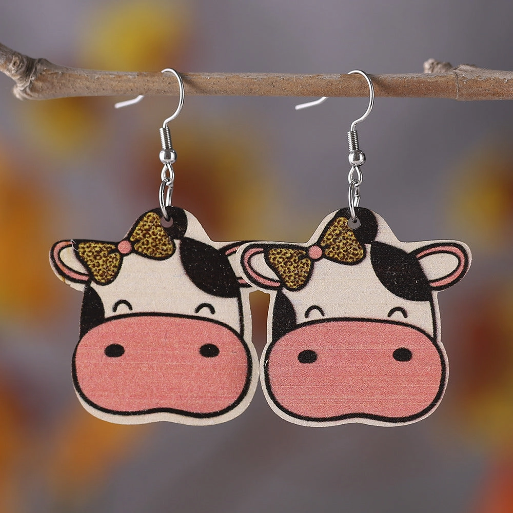 Wholesale Cow MOM Cow Pattern Double Sided Wooden Earrings