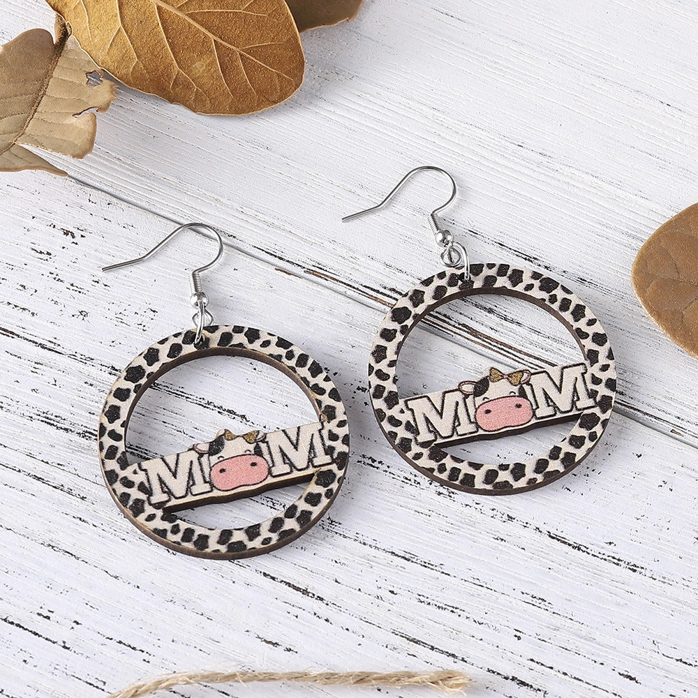 Wholesale Cow MOM Cow Pattern Double Sided Wooden Earrings