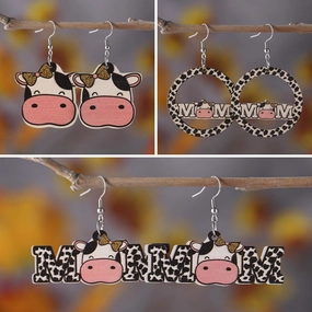 Wholesale Cow MOM Cow Pattern Double Sided Wooden Earrings
