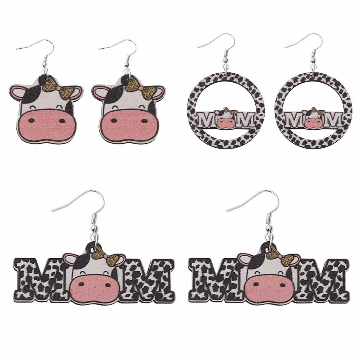 Wholesale Cow MOM Cow Pattern Double Sided Wooden Earrings