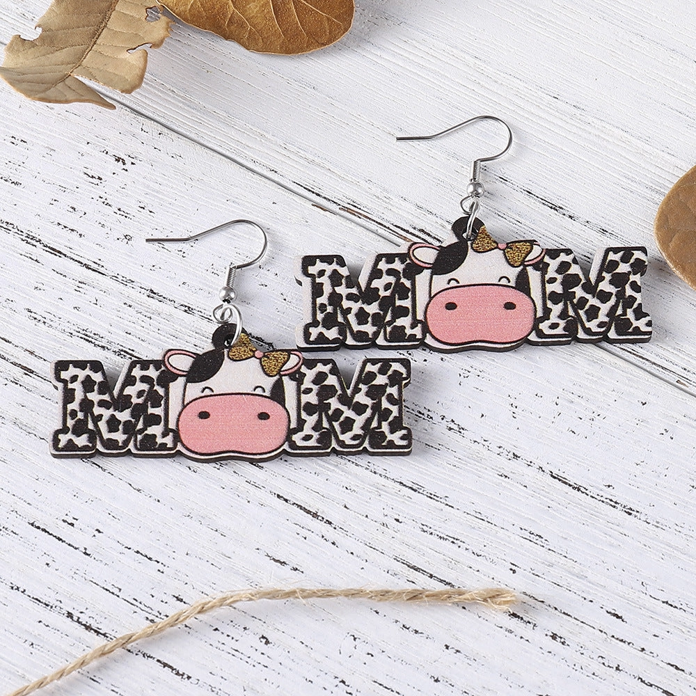 Wholesale Cow MOM Cow Pattern Double Sided Wooden Earrings