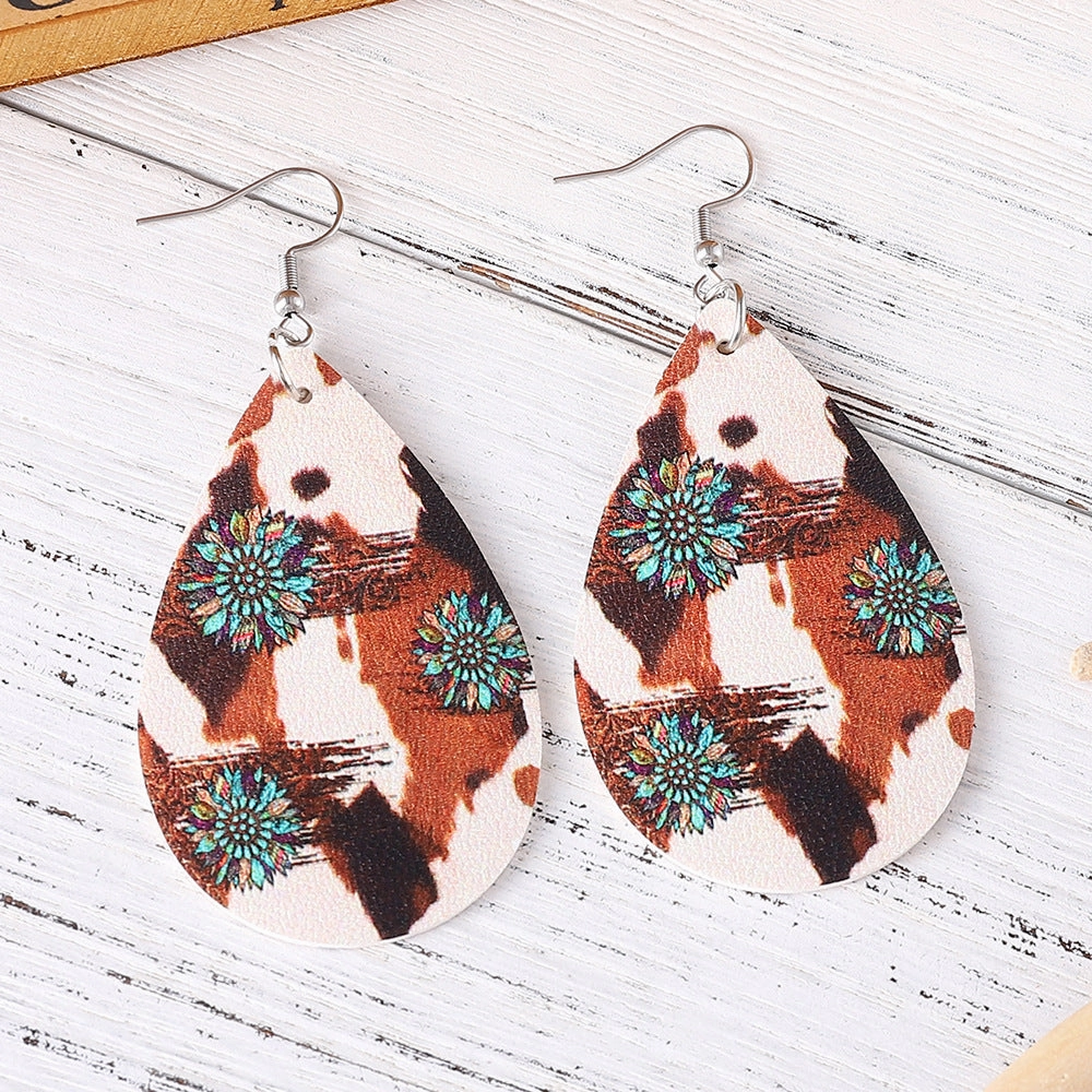 Wholesale cow pattern turquoise sunflower earrings double-sided PU leather drop earrings