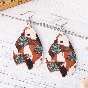 Wholesale cow pattern turquoise sunflower earrings double-sided PU leather drop earrings