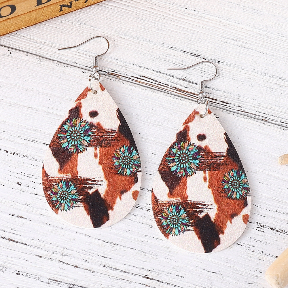 Wholesale cow pattern turquoise sunflower earrings double-sided PU leather drop earrings