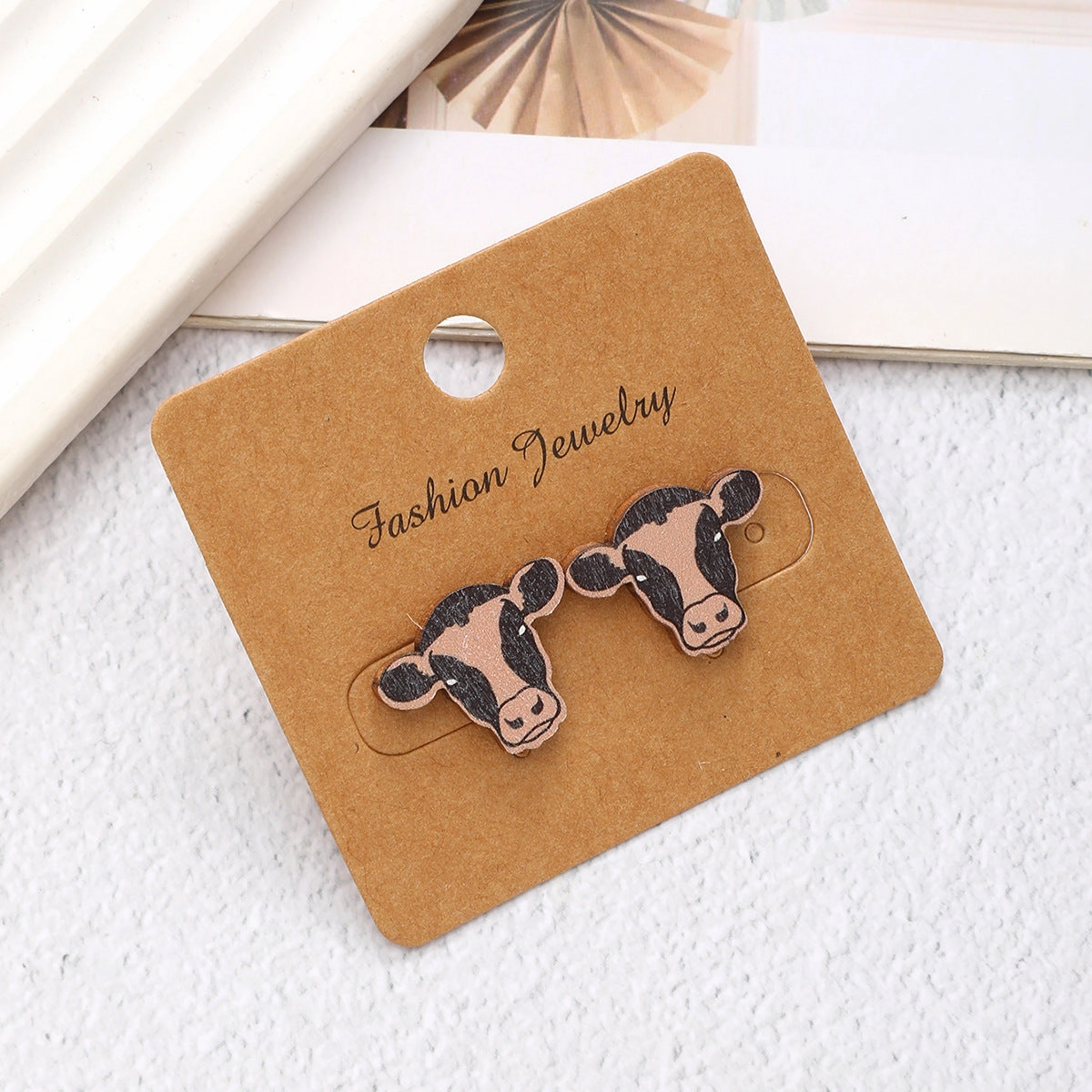 Wholesale Cow Patterned Cow Head Wood Chip Earrings