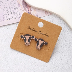 Wholesale Cow Patterned Cow Head Wood Chip Earrings
