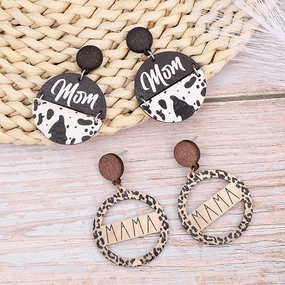 Wholesale Cow Print Leopard Print Wood Chip Mom Round Earrings