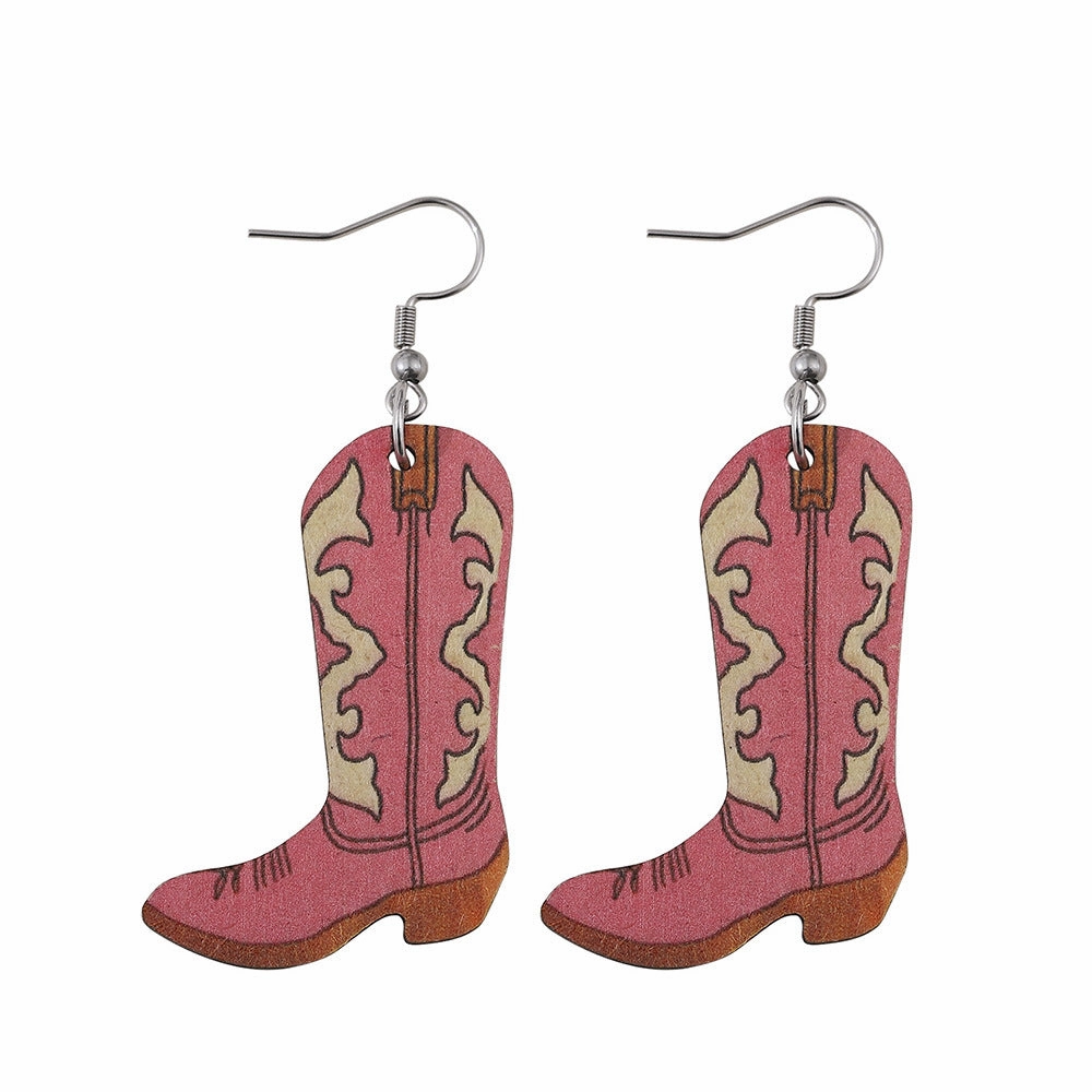 Wholesale Cowboy Boots Printed Wooden Earrings